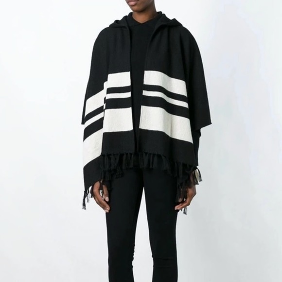 Frame Denim Sweaters - FRAME Baby Alpaca Poncho Block Striped Fringe Black Bone Hooded Cape Cozy Knit